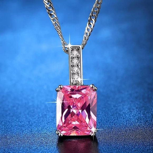 Pink Princess Cut AAA Cubic Zirconia Necklace - Picture 4 of 6